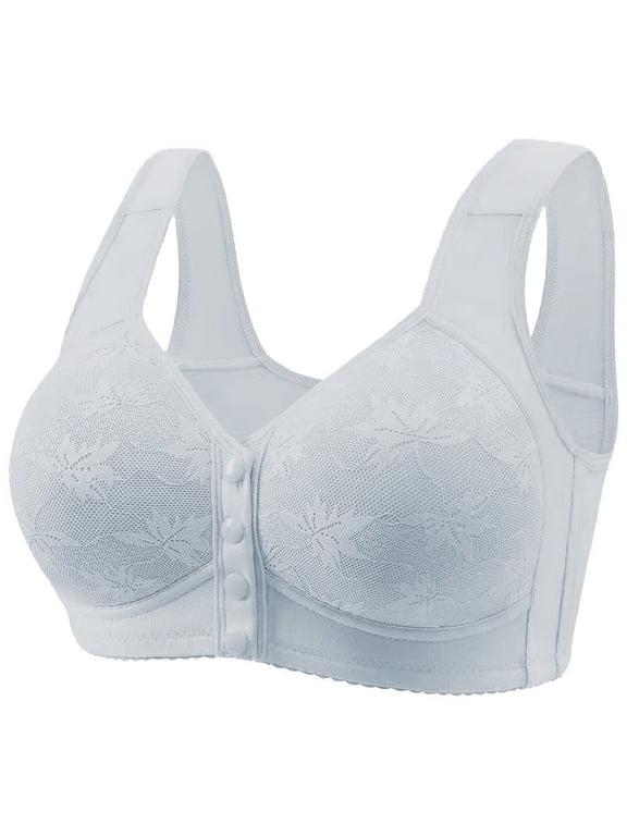 Bras for Older Women New - Senior Front Snap Bras - Floral Pattern Soft Wide Straps Breathable Wire-Free Push-Up Lace Bras‚Äã Q-1 Light Blue XXL