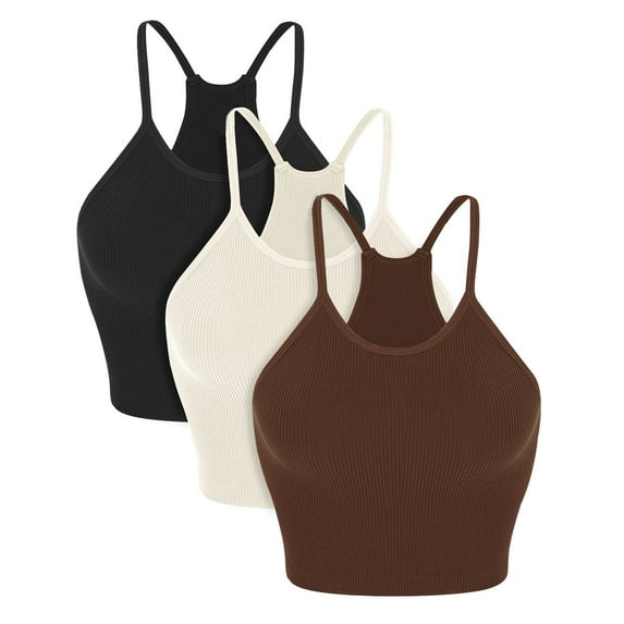 Bras for Women Crop Seamless Rib-Knit Camisole Strappy Racerback Cropped Tank Tops Everyday Bras Plus Size Brown S