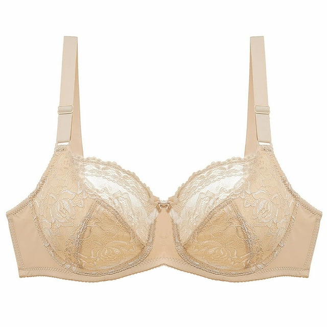 Bras for Women Floral Lace Plus Size Underwire Full Coverage Push Up Wireless Seamless Unlined Non Padded Minimizer Bra,Beige,40 C