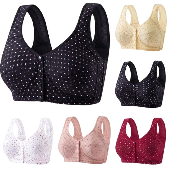 Bras for Women Floral Plus Size Bra Wireless Front Closure Bras for Senior Polka Dots Comfort Tshirt Bra Black 40
