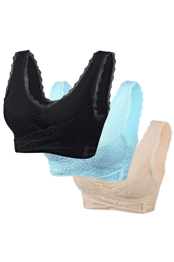 Bras for Women,Front Buckle Lace Edge Seamless Movement Yoga Sleep Bra for Support and Comfort 3PCS,Sports Bras for Women,BK1,2XL