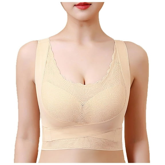 Bras for Women,Front Buckle Lace Edge Seamless Movement Yoga Sleep Bra for Support and Comfort,Sports Bras for Women,Beige,2XL