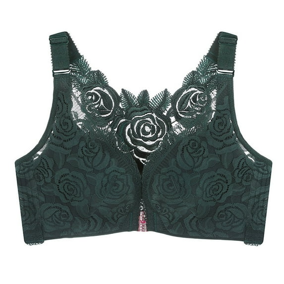 Bras for Women,Front Buckle Lace Trim Seamless Yoga Sleep Bra for Movement and Comfortable Support,Sports Bras for Women,Dark Green,42C