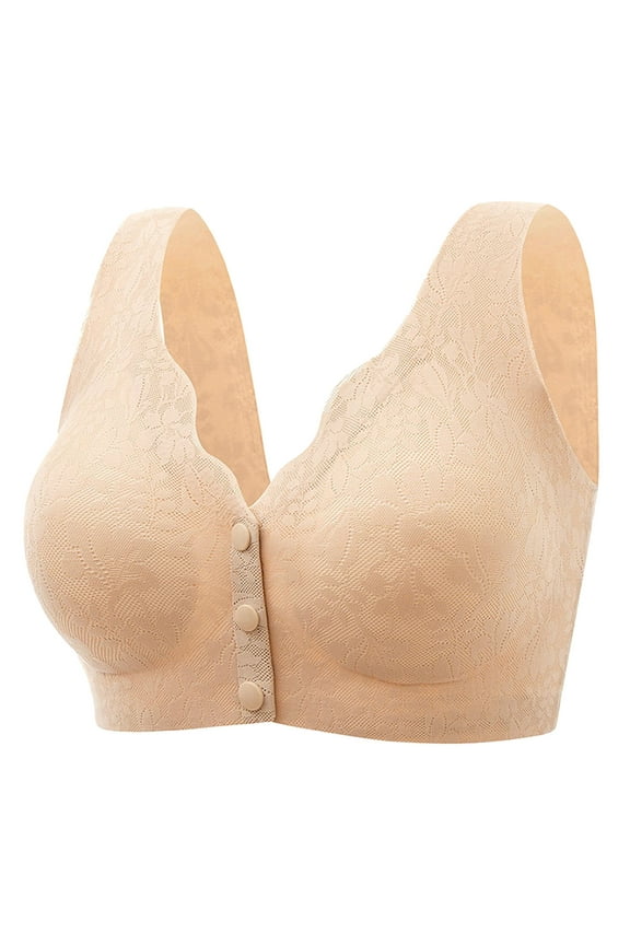 Bras for Women,Front Open Button Up Comfortable Traceless Lace Plus Size Gathered Drop Cup Bra,Sports Bras for Women,Beige,2XL