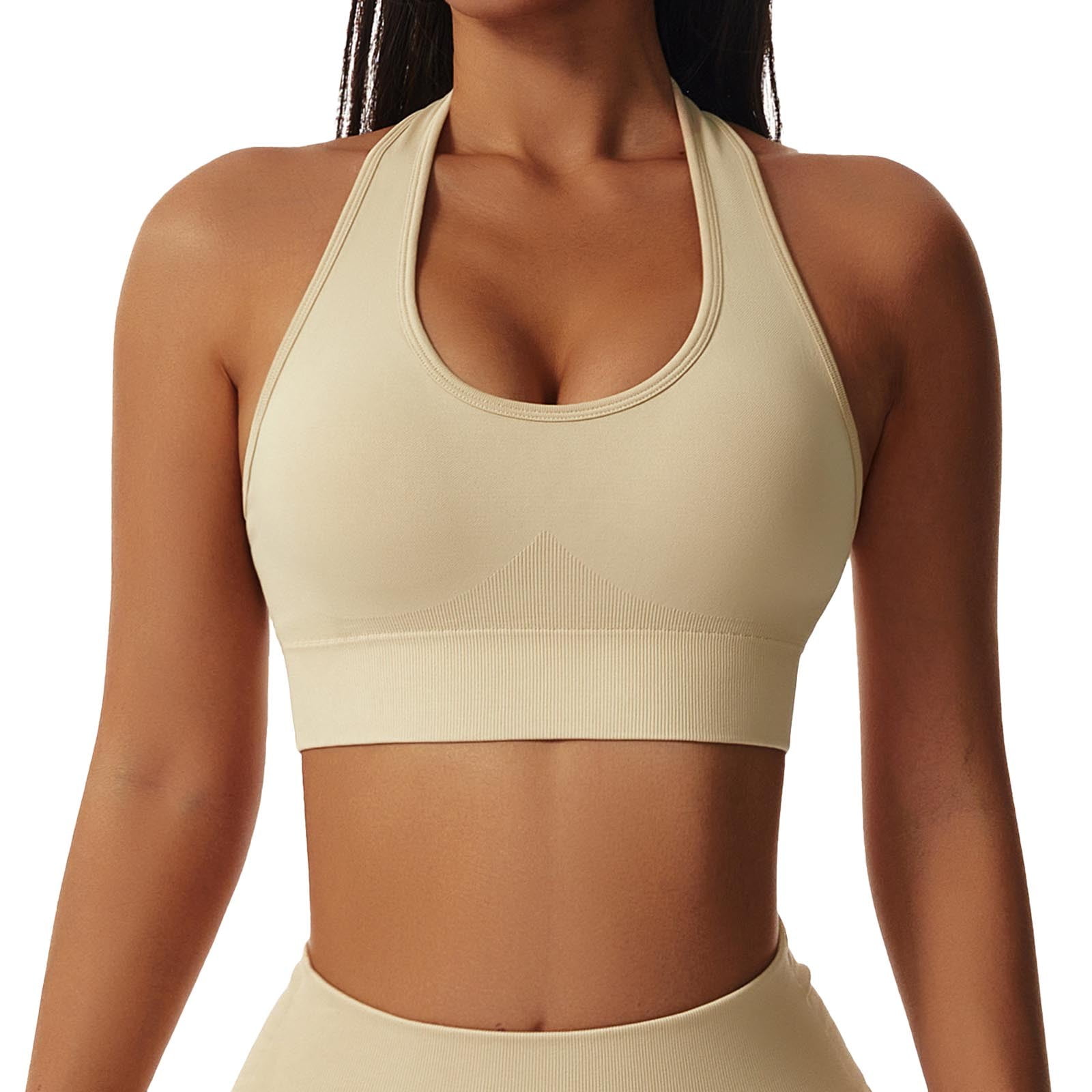 Bras for Women Halterneck Backless Fitness Bustier Padded Out Underwire Top  Yoga Medium Workout Sport Bra Beige XL 