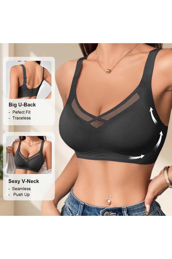 Bras for Women Mesh Crossover No Underwire Minimizer Bras Full Coverage Push Up Seamless Comfort Everyday Bra Black M
