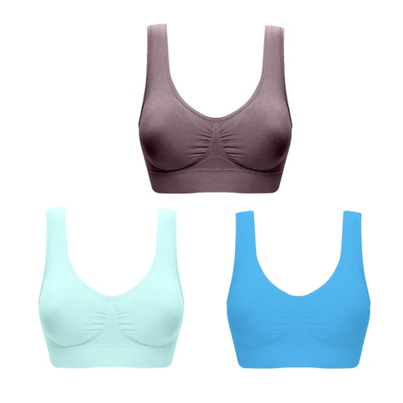 Bras for Women Pack of 2, No Underwire Bras 2Pcs Full Coverage Compression Bra Padded Push Up Sports Bras (L, Sky Blue-3PC)