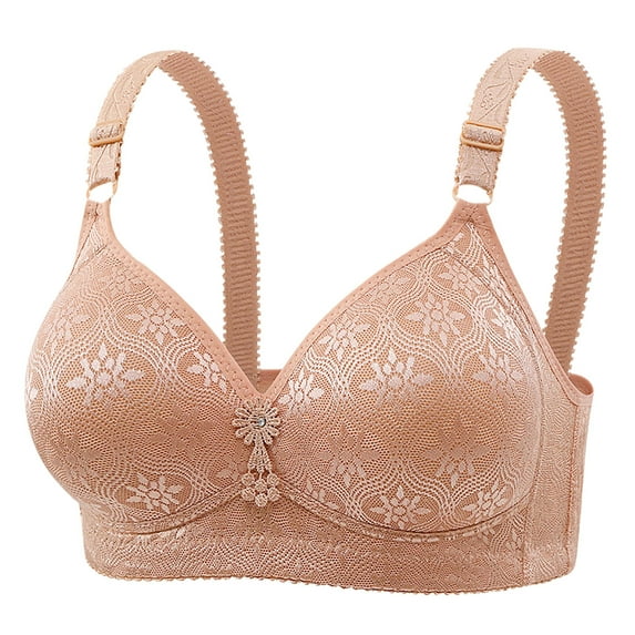 Bras for Women Plus Size Embroidery Lace Full Coverage Wireless Push Up Non Padded Everyday Minimizer Bra,Khaki 1,44 B