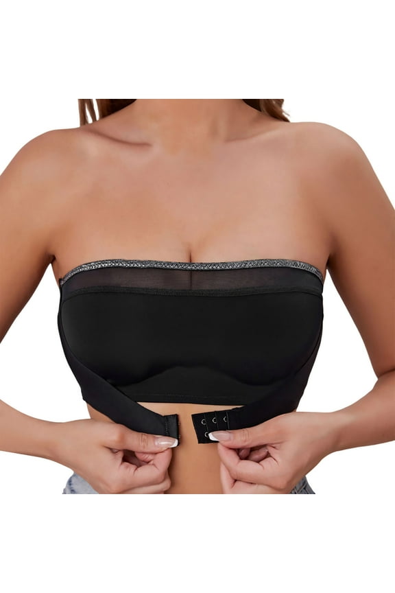 Bras for Women,Stylish Strapless Lace Bralette Featuring Mesh Panels And Elegant Silver Thread Design For Comfort,Sports Bras for Women,Black,S