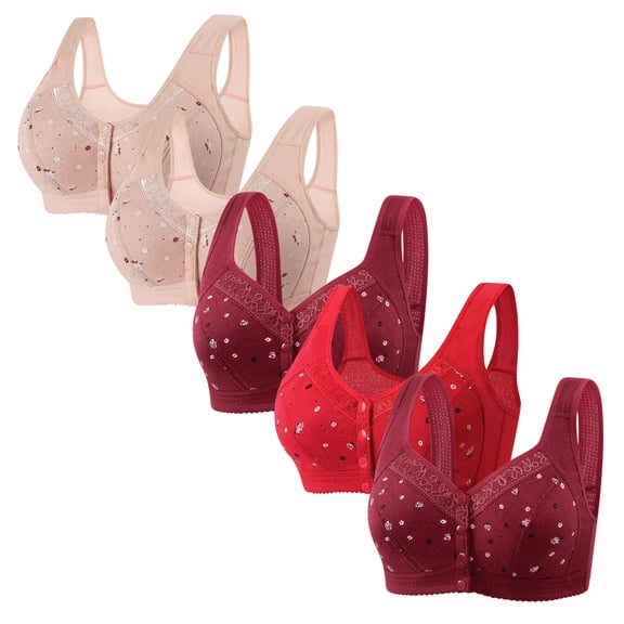 Bras for Women Wireless Lifting Gathering Bra 5pc Plus Size Front Opening Button Breathable Print Bralette Everyday Wear Women Bra Underwear