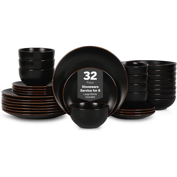 Brasa Stoneware 32 Piece Modern Dinnerware Set, Plates and Bowls, Service for 8, Black, Microwave & Dishwasher Safe
