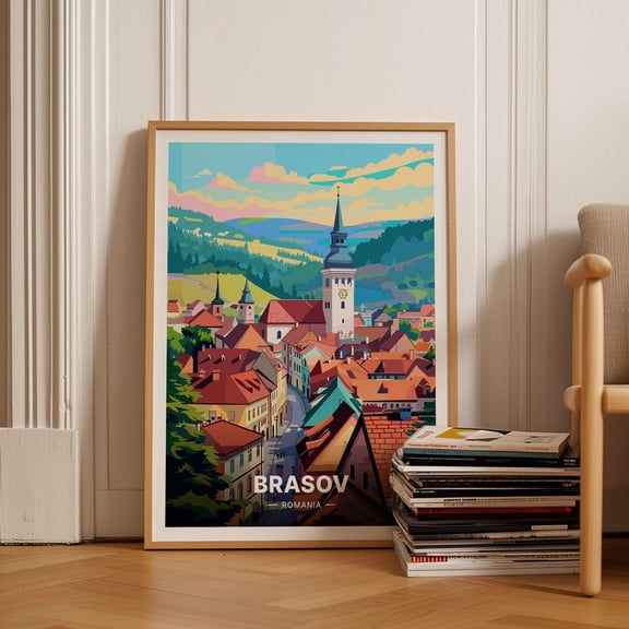 Brasov Romania Travel Poster, European City Wall Art, Mid-Century Modern Decor, Vibrant Cityscape Artwork Wall Art, Modern Wall Decor, 8x12 UNFRAMED