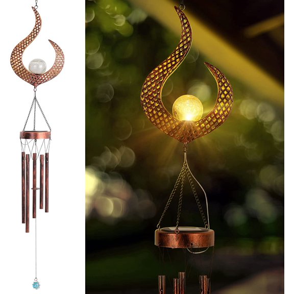Brass - 1 Piece Solar Flame Wind Chime, Outdoor Wind Chime with Cracked Glass Ball and S-Hook, Decorative Bell for Aluminum Patio Home