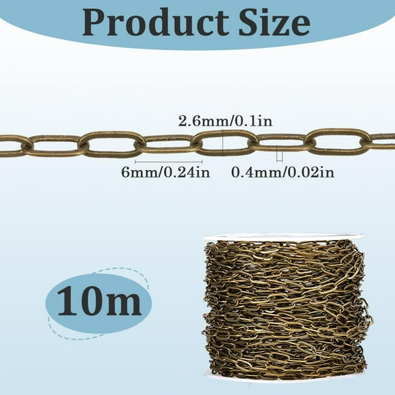 Brass 10M/32.8 Feet Brass Paper Clip Chain Cable Link Chain with Spool Antique Bronze Paperclip 6mm Drawn Elongated Oval Soldered Roll Connector Chain for Jewelry Making Necklace Bracelet DIY Craft