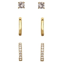 Brass 14kt Gold Flash Plated Cubic Zirconia Stud, Cubic Zirconia Hoop and Polished Hoop Earring Set