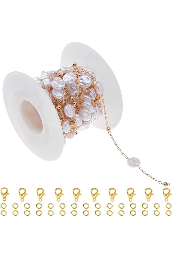 Brass 16.40 Feet KC Gold Plated Brass Jewelry Chain Imitation Flat Round Pearl Bead Chain with Spool Pearl Cable Chain for Jewelry Making Necklace Bracelet DIY Handmade Craft Chain Roll Brass