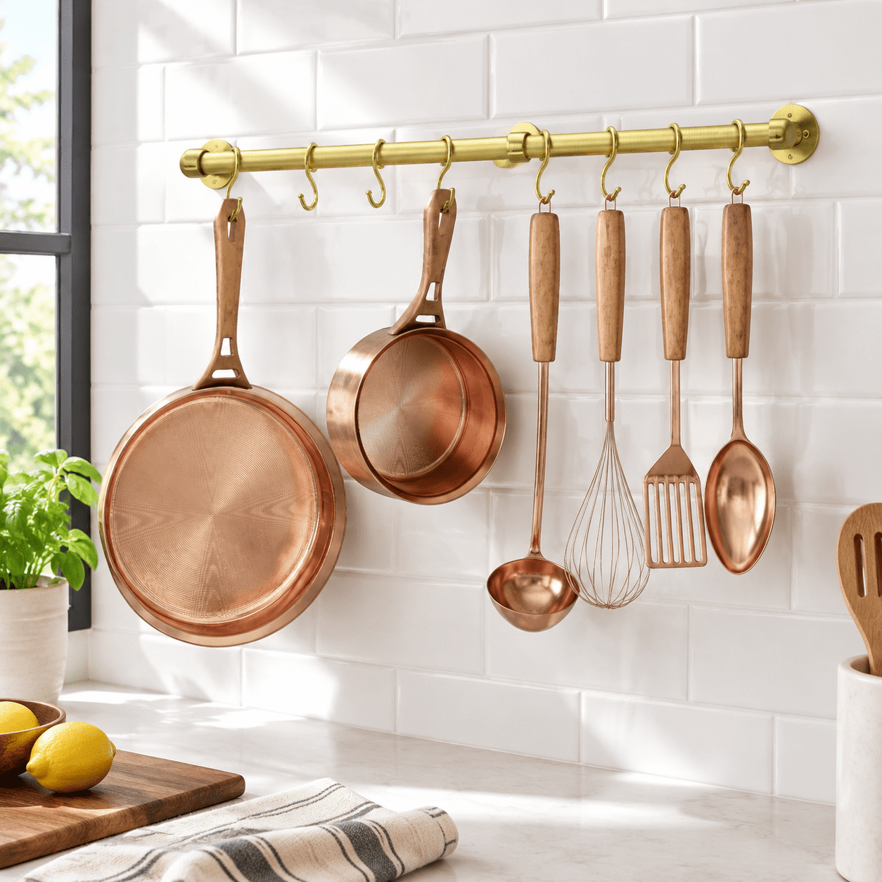 Brass 23.7 Inch Stainless Steel Wall Mounted Pot Rack with 8 S Hooks ...