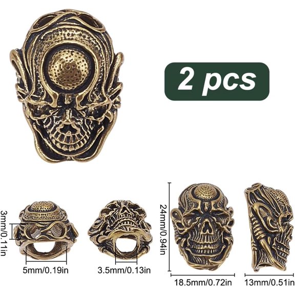 Brass 2Pcs Knife Lanyard Beads Paracord Beads Skull Beads EDC Charm Bead Brass European Beads Antique Golden Large Hole Beads for Men Keychain Bracelet Accessories