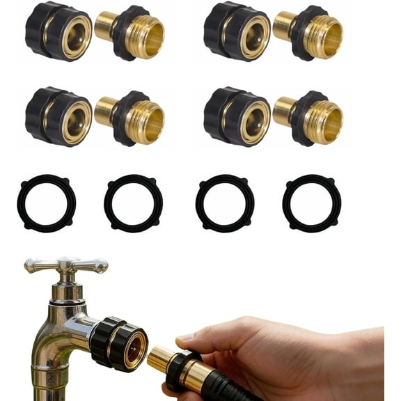 Brass 3/4 Inch Garden Hose Quick Connector Set, Heavy Duty Hose Adapter & Tap Attachment for Outdoor Watering(RL 4 PCS)