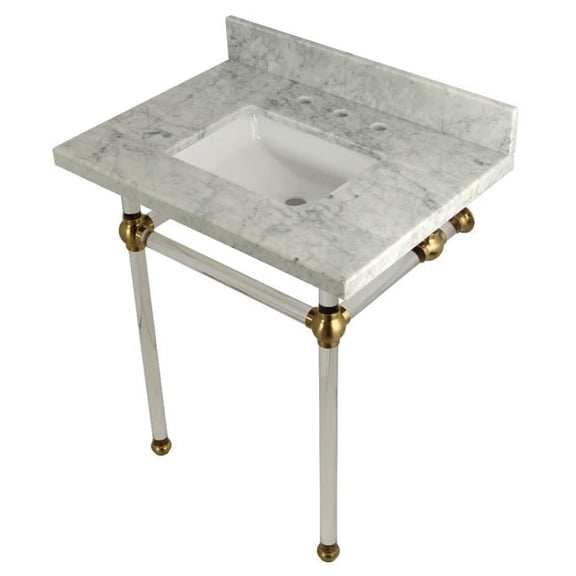 Brass 30X22 Carrara Marble Vanity with Sink and Acrylic Feet Combo Carrara Marble/Brushed Brass
