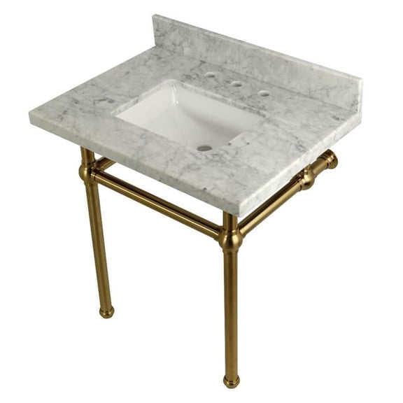 Brass 30X22 Carrara Marble Vanity with Sink and Brass Feet Combo Carrara Marble/Brushed Brass