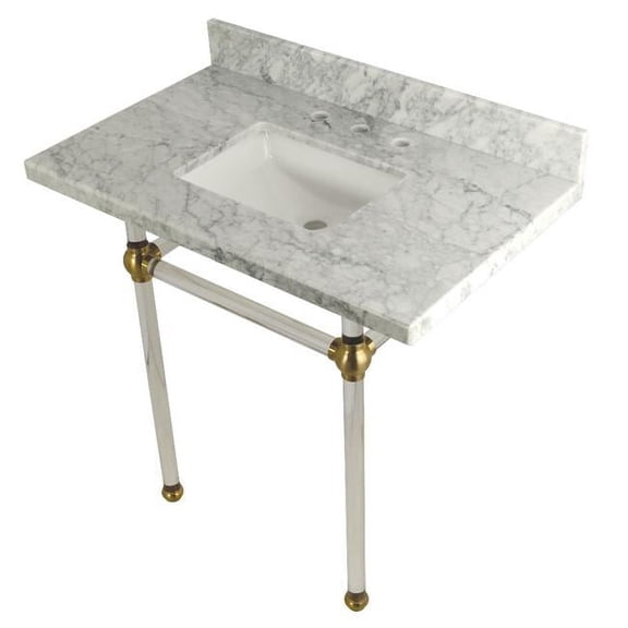 Brass 36X22 Carrara Marble Vanity with Sink and Acrylic Feet Combo Carrara Marble/Brushed Brass