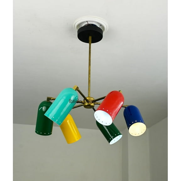 Brass 6 Arms Mid-Century Modern Multi-Color Chandelier Retro Sputnik Ceiling Light Fixture
