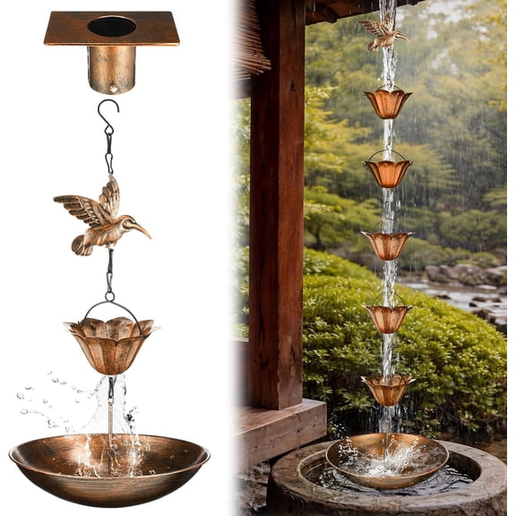 Brass 8.5ft Rain Chains for Gutters Outside with Anchor Basin 12 Cups Chain Catcher Downspout Replacement Adjustable Metal Garden Rainwater Divert Eaves Drainage (Hummingbird)