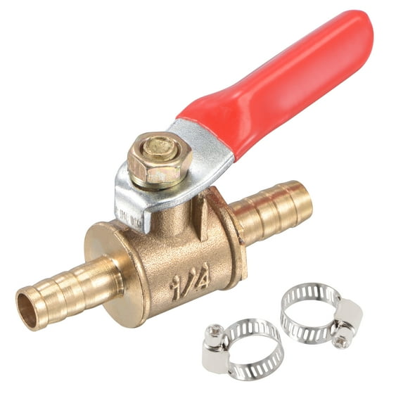 Brass Air Ball Valve Shut Off Switch, 6mm Hose Barb to 6mm Hose Barb with Clamps Red Handle