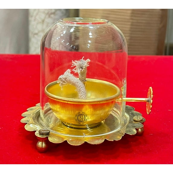Brass Akhand Diya with Adjustable Bati for Puja Decorative Brass & Glass Oil Lamp with Screw Lever Lantern Diya with Glass Cover for Prayers Home Decor and Diwali Festive Gifts.
