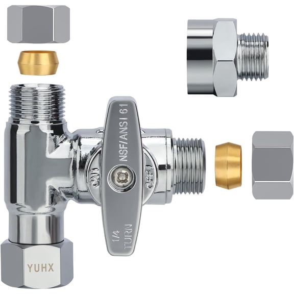 Brass Angle Stop Add-A-Tee Valve, 3/8 Inch Compression Outlet Easy Connect 3 Way Diverter 3/8"x3/8"x1/4" or3/8"Ice Maker RO System T