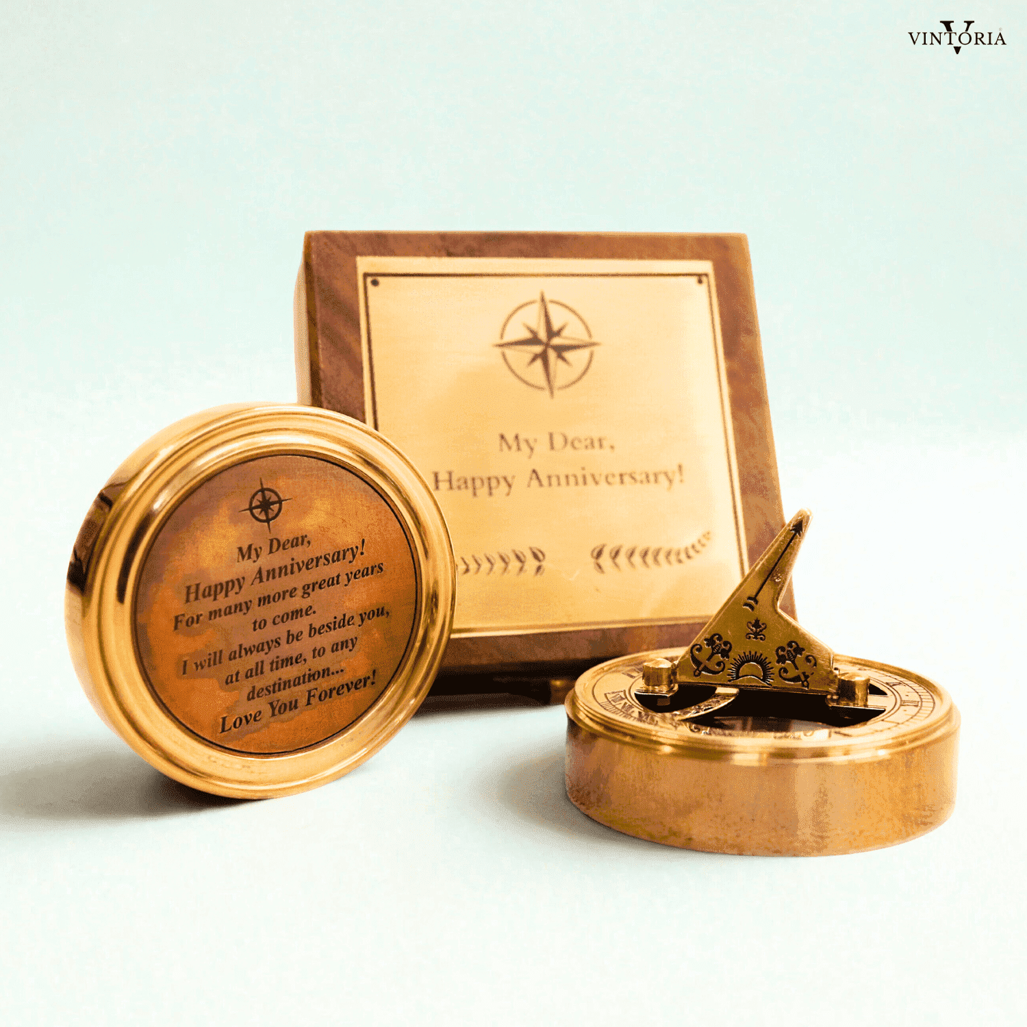 Brass Anniversary Sundial Compass with Wooden Box 2.5" Vintage Nautical Gift