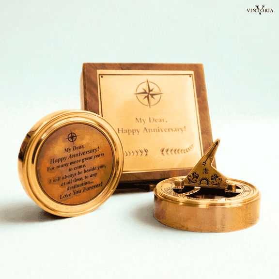 Brass Anniversary Sundial Compass with Wooden Box 2.5" Vintage Nautical Gift