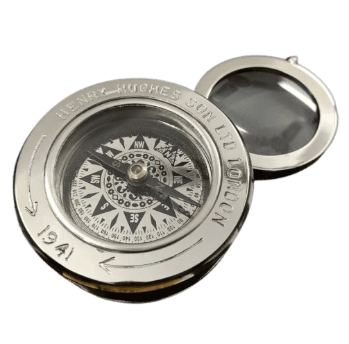 Brass Antique Compass Chrome Finish Flip Out Magnifying Glass Vintage Magnifier