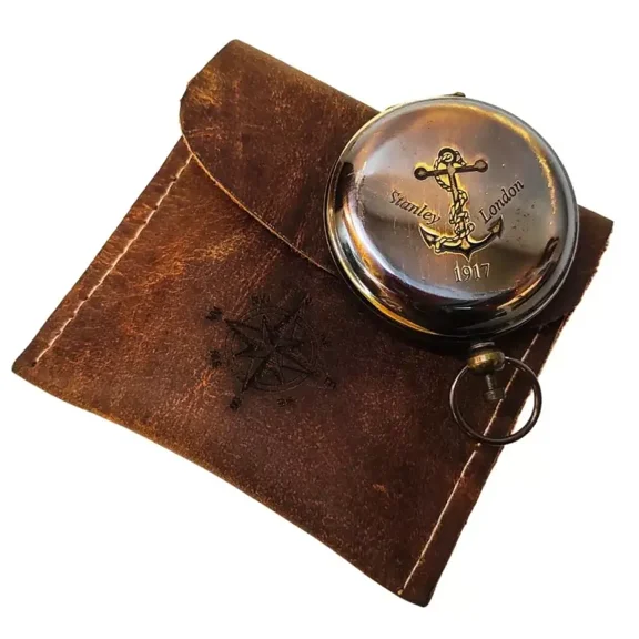 Brass Antique Finished Push Button Lid Compass with Necklace Chain Leather Case