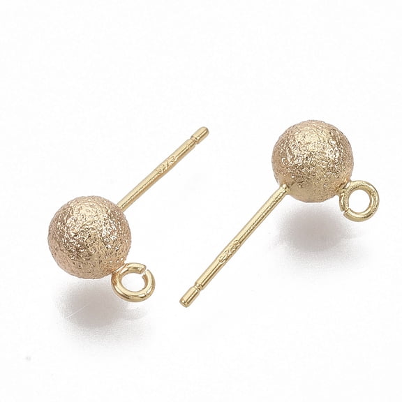 Brass Ball Stud Earring Findings Nickel Free with Loop Textured Real 18K Gold Plated 14.5-16.5x5-5.5mm Hole: 1.2mm Pin: 0.8mm