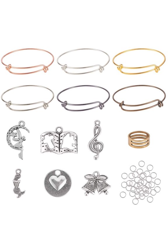 Brass Bangle Bracelet Making Kit Adjustable Expandable Bangle Bracelets Wire Blank Bracelets 100 pcs Jump Rings 60 pcs Tibetan Style Alloy Pendant Charms for Jewelry DIY Craft Making Brass