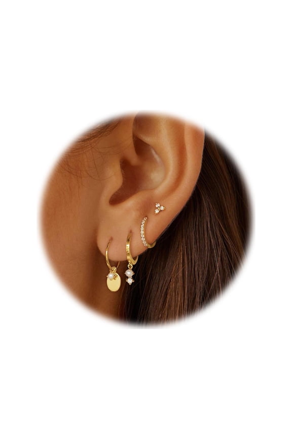 Brass Base with Golden Tone Finish Huggie Earring Stack Set for Women, Dainty Imitation Pearl Dangle Synthetic Rhinestone Stud Hoop Earrings, Hypoallergenic Trendy Fashion Gift