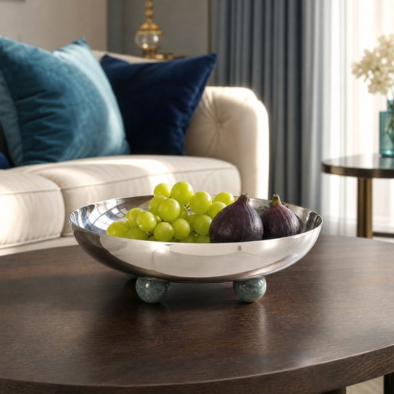 Brass Bath Tray, Modern Metal Fruit Bowl With Green Marblestone Feet, Shiny Decorative Serving, Raised Storage Tray For Tabletop Coffee Table Home Decor