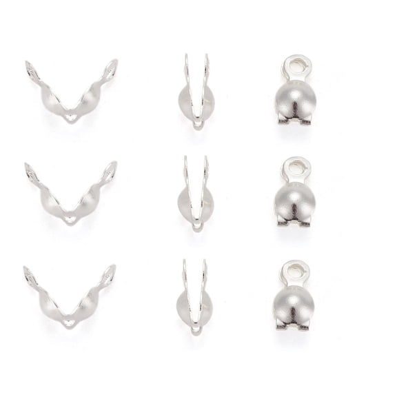 Brass Bead Tips Calotte Ends Clamshell Knot Cover Silver Color Plated 7x4mm Hole: 1mm
