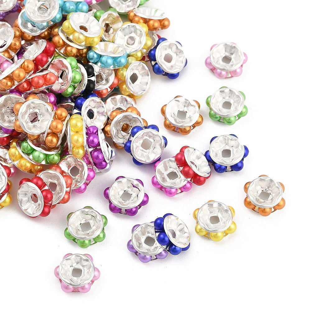 Brass Beads with Plastic Imitation Pearl Flat Round Silver Mixed color 10x4mm Hole: 1.8mm