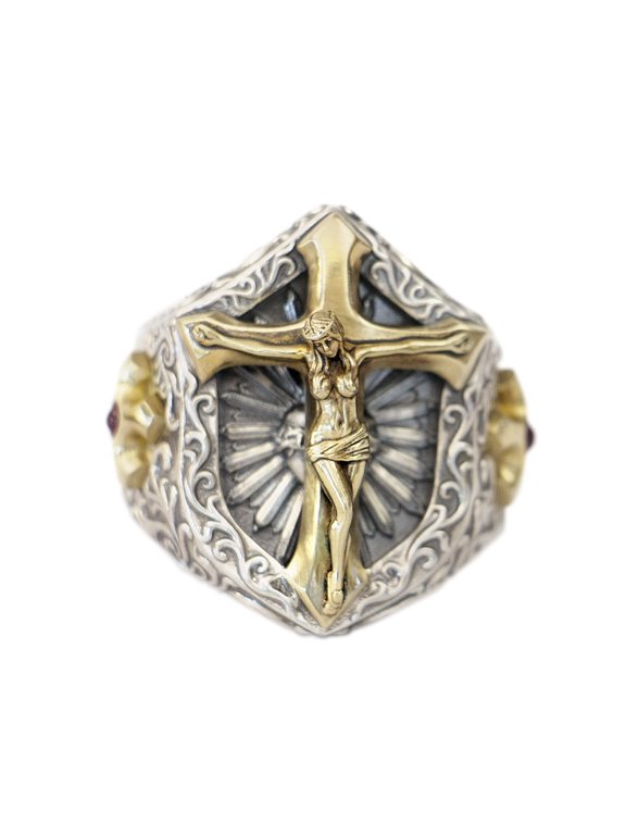 Brass Beauty Cross 925 Sterling Silver Shield Ring TA452A US Size 8