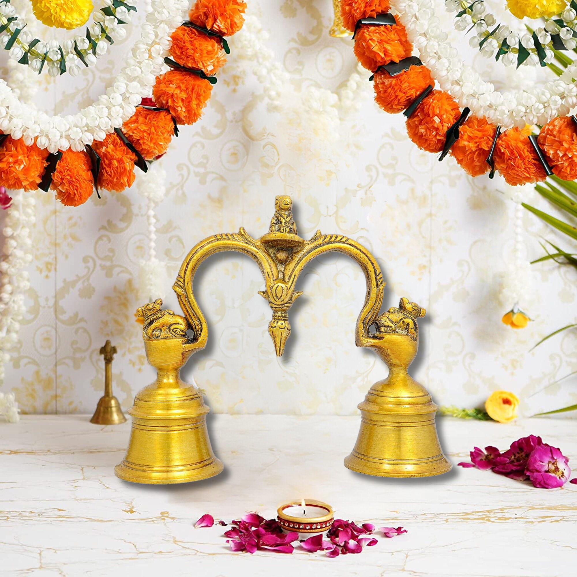 Brass Bell with Hand Holding Mandir Ghanti/Bell for Pooja Room