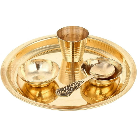 Brass Bhog Thali 11cm Plate Laddu Gopal/Krishna ji Pooja Set with 1 Thali 2 Katori, 1 Glass, 1 Spoon for Temple Home Office Festival Diwali Gift Golde