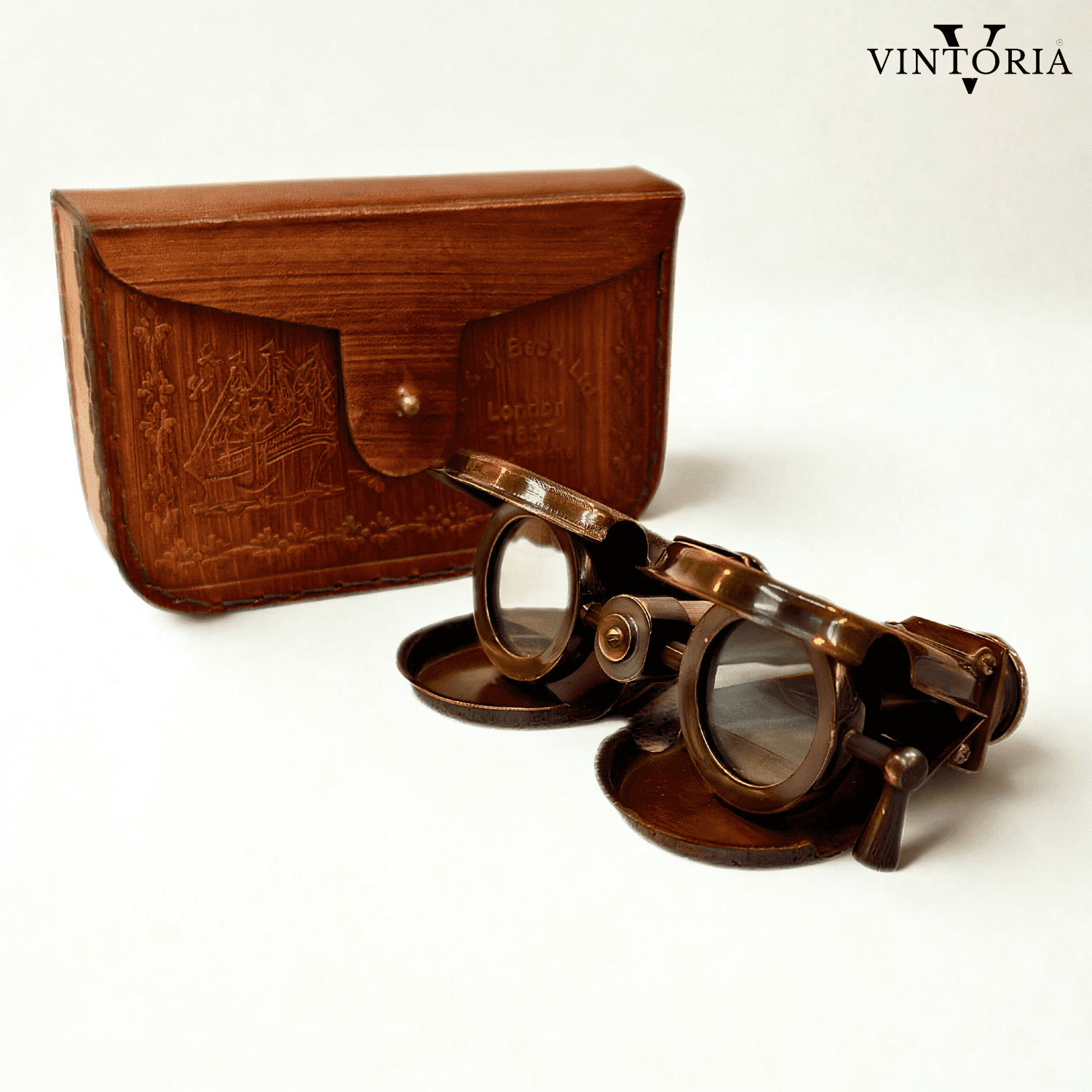 Brass Binoculars with Leather Case Columbus Engraved