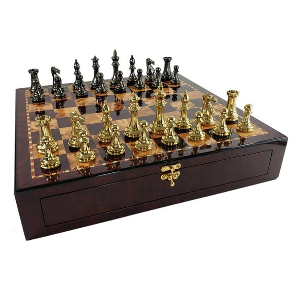 Brass Black Gold Staunton Exclusive Chess Set Lrg 20" Cherry Color Storage Board