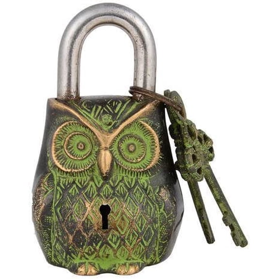 Brass Blessing Owl Type Padlock, Gold, Medium