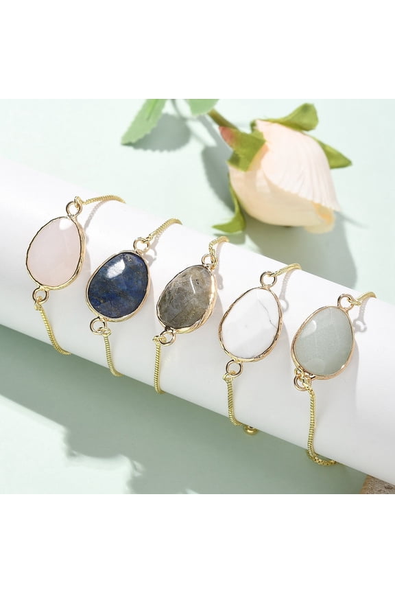 Brass Bolo Slider Bracelets with box Chains and Cubic Zirconia Mixed Natural Labradorite & Lazuli & Green Aventurine & Rose Quartz & Howlite Links Teardrop Golden 9 inch(23cm)