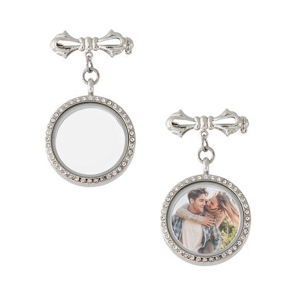 Brass Brooches with Alloy Glass Magnetic Locket Pendants Platinum 53mm 2pcs/set