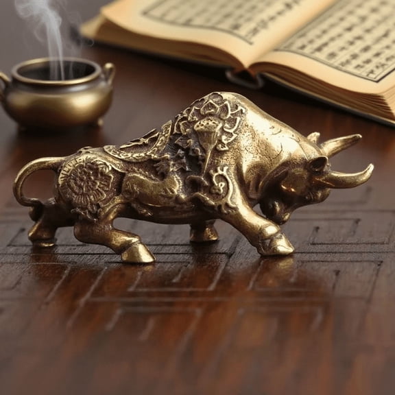 Brass Bullfighting Statue, Lucky Copper Animal Figurine, Wealth Bringing Miniature Ornament for Home & Office Desk Decor